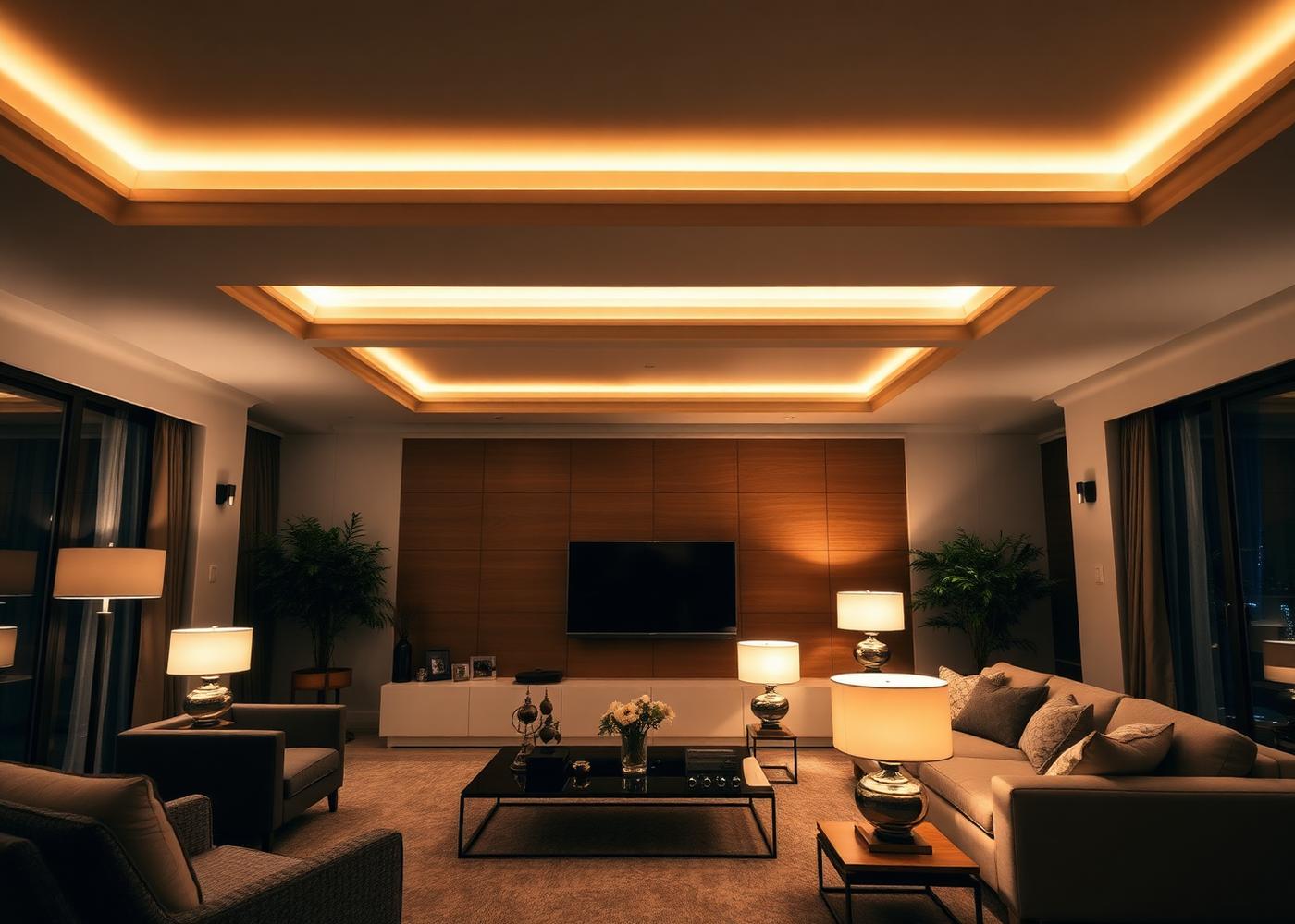 Living room after installation, lit with warm recessed and cove lighting